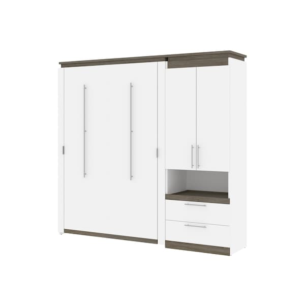 Orion Full Murphy Bed and Storage Cabinet with Pull-Out Shelf (89W), White & Walnut Grey